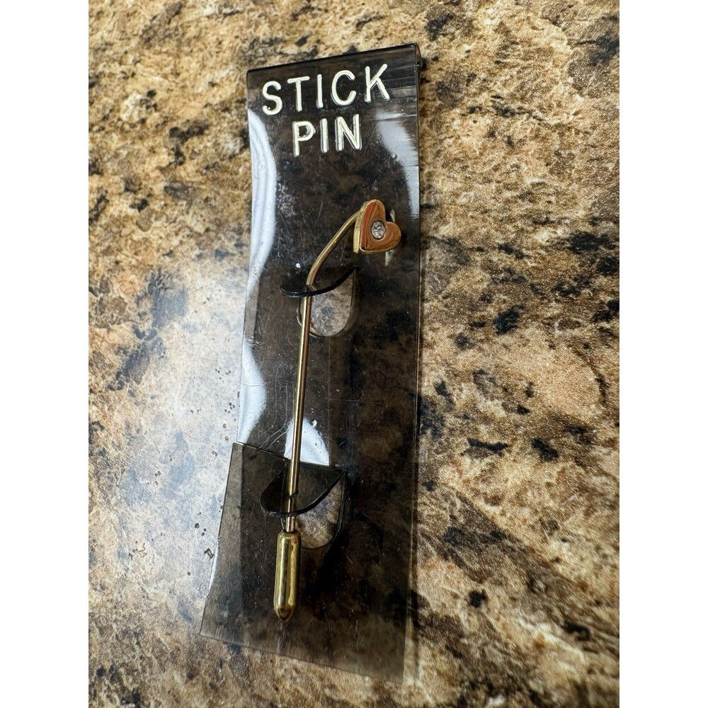 Vintage Gold Tone Red Enamel Heart Rhinestone Stick Pin Lapel Hat Scarf Pin